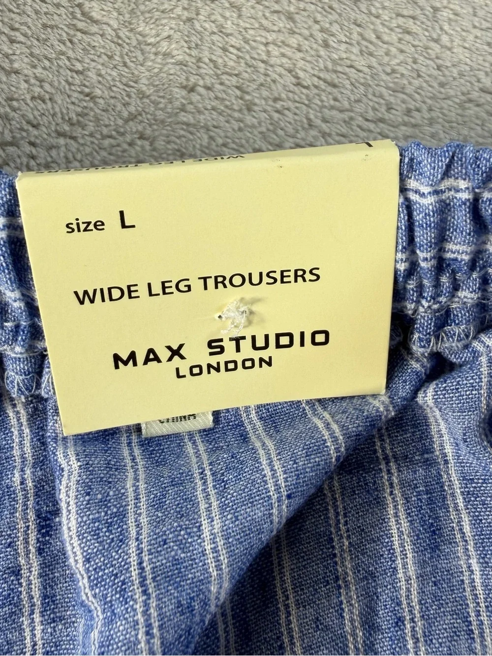 Max Studio London Womens Wide Leg Trousers L Blue White Striped Drawstring
